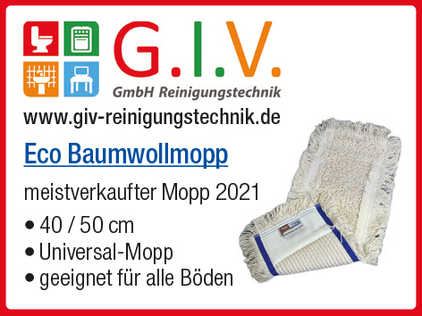 G.I.V. GmbH Reinigungstechnik. www.giv-reinigungstechnik.de. Eco Baumwollmopp. Meistverkaufter Mopp 2021. 40/50cm. Universal-Mopp. Geeignet für alle Böden.