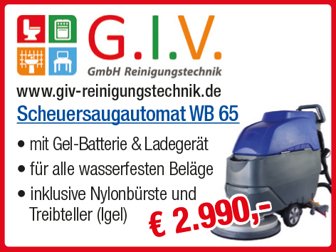 G.I.V. GmbH Reinigungstechnik. www.giv-reinigungstechnik.de. Scheuersaugautomat WB65. Mit Gel-Batterie & Ladegerät. Für alle wasserfesten Beläge. Inklusive Nylonbürste und Treibteller (Igel). 2.990,0€