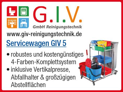 G.I.V. GmbH Reinigungstechnik. www.giv-reinigungstechnik.de. Servicewagen GIV5. Robustes und kostengünstiges 4-Farben-Komplettsystem. Inklusive Vertikalpresse, Abfallhalter & großzügigen Abstellflächen.