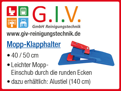 G.I.V. GmbH Reinigungstechnik. www.giv-reinigungstechnik.de. Mopp-Klapphalter. 40/50cm. Leichter Mopp-Einschub durch die runden Ecken. Dazu erhältlich: Alustiel (140cm).