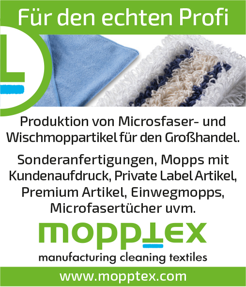 Für den echten Profi. Produktion von Mikrofaser- und Wischmoppartikel für den Großhandel. Sonderanfertigungen, Mopps mit Kundenaufdruck, Private LabelArtikel, Premium Artikel, Einwegmopps, Microfasertücher uvm. Mopptex – manufacturing cleaning textiles. www.mopptex.com.