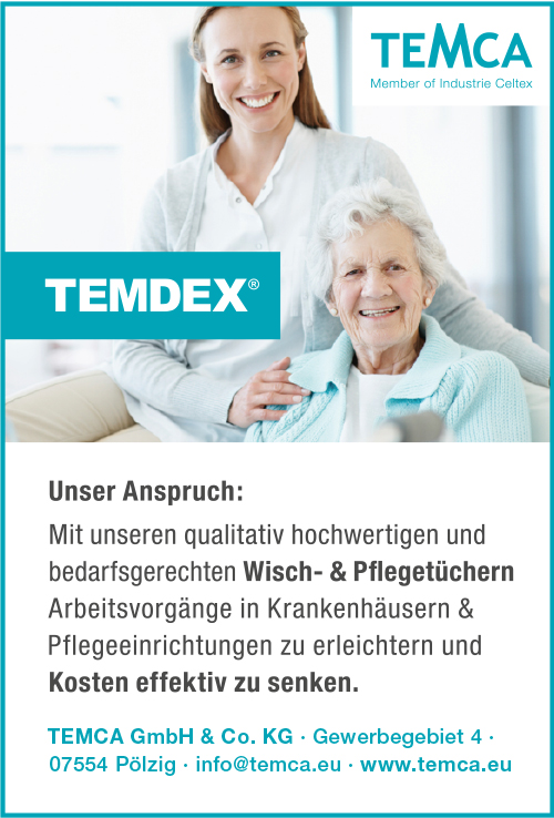 Temca. Temdex. Unser Anspruch: Mit unseren qualitativ hochwertigen und bedarfsgerechten Wisch- & Pflegetüchern Arbeitsvorgänge in Krankenhäusern & Pflegeeinrichtungen zu erleichtern und Kosten effektiv zu senken. TEMCA GmbH & Co. KG. Gewerbegebiet 4. 07554 Pölzig. info@temca.eu. www.temca.eu